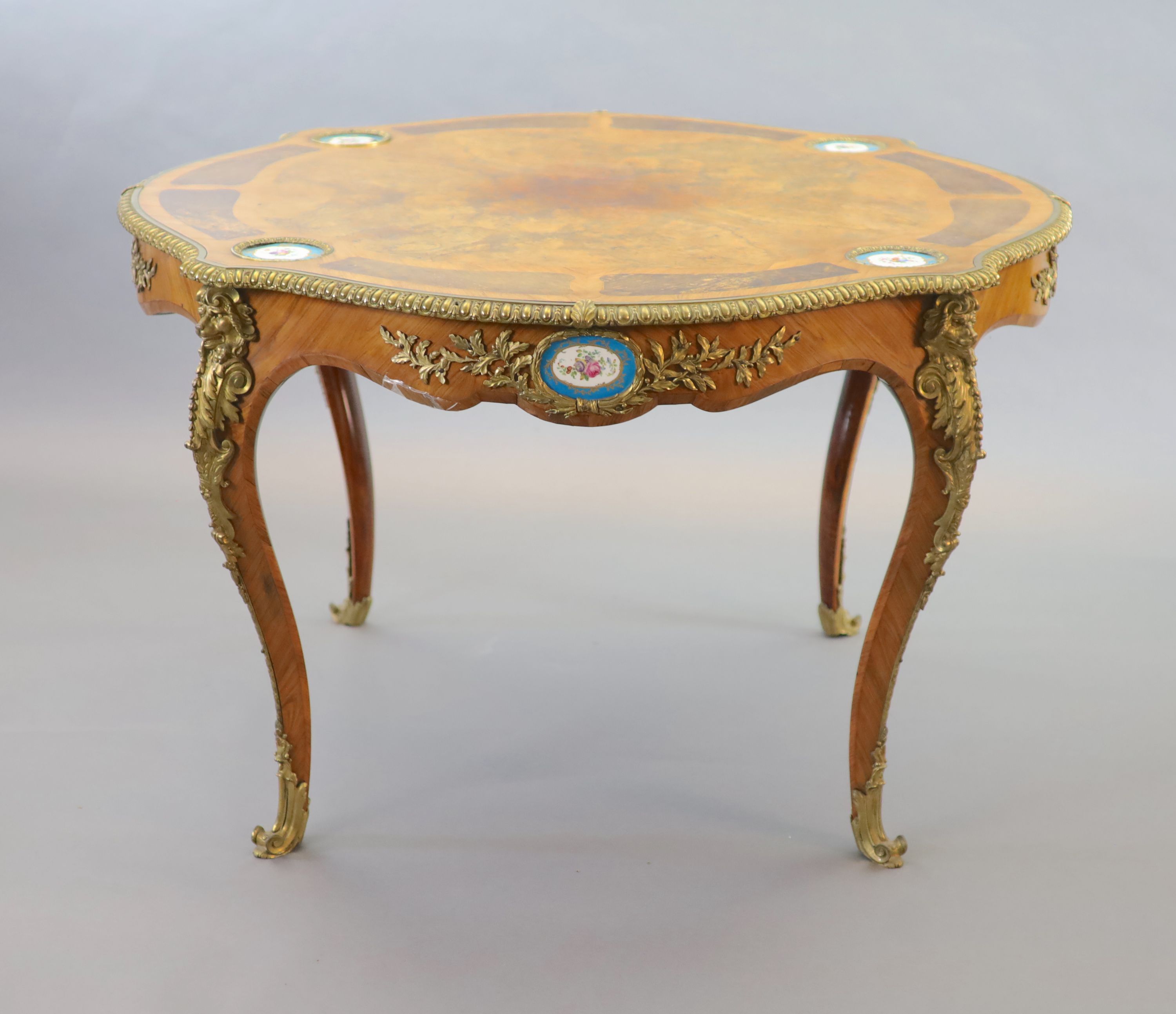 A Victorian Louis XV style ormolu mounted walnut centre table, W.122cm H.76cm